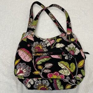 Vera Bradley Moon Blooms Pleated Shoulder Bag Quilted Black Pink Green Retired